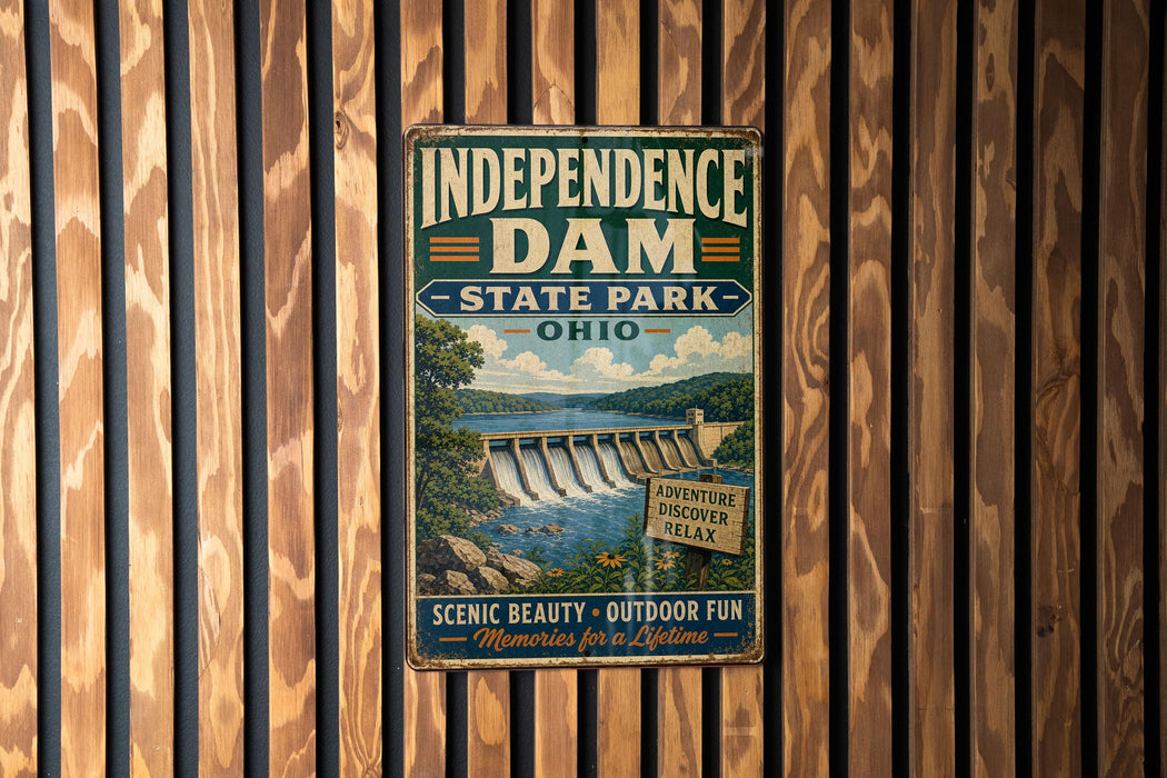 A vintage-style sign for Independence Dam, a state park in Ohio, featuring a scenic image of the dam and surrounding landscape.