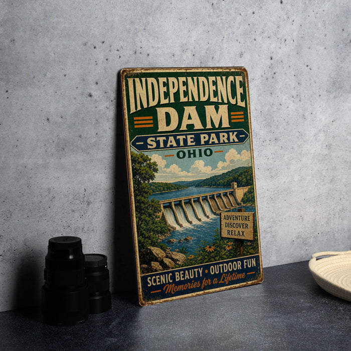 A vintage-style sign for Independence Dam, a landmark in Ohio, featuring a scenic landscape with a dam and waterway.