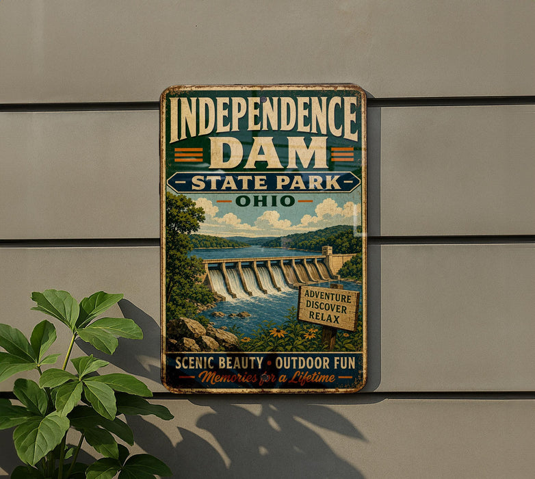 A vintage-style metal sign for Independence Dam, a state park in Ohio, featuring a scenic image of the dam and surrounding landscape.