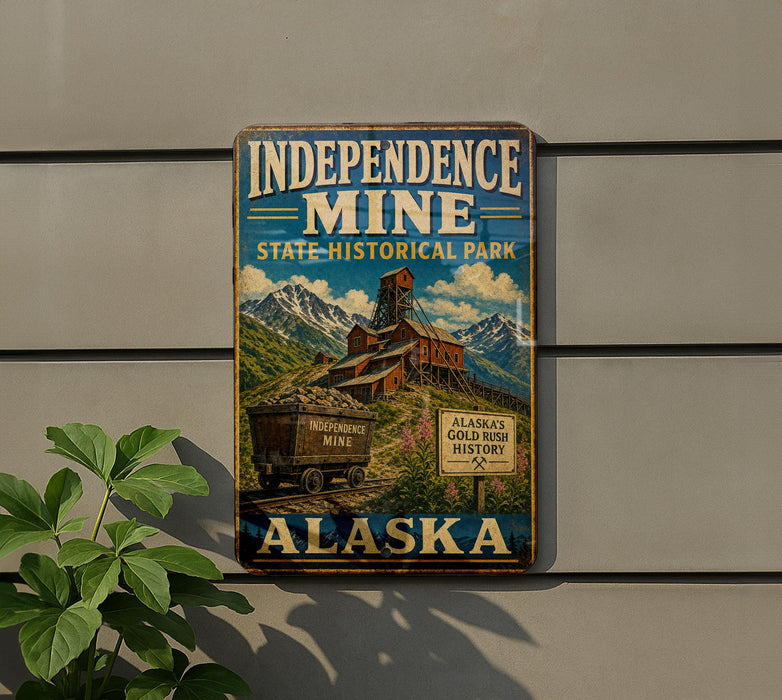 A vintage-style metal sign for Independence Mine, a state historical park in Alaska, featuring a train and a mountain landscape.