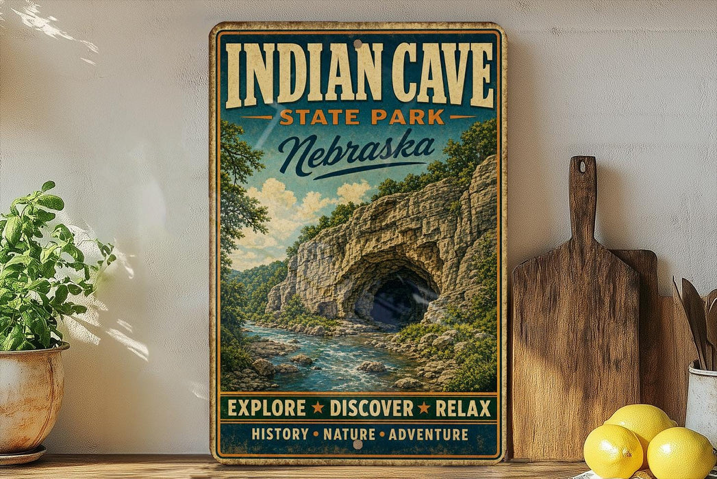 A vintage-style poster advertising Indian Cave State Park in Nebraska, featuring a scenic illustration of the cave surrounded by lush greenery and a river.