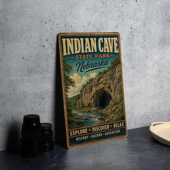 A vintage-style metal sign for Indian Cave State Park in Nebraska, featuring a scenic illustration of the cave and the surrounding landscape.