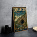 A vintage-style metal sign for Indian Cave State Park in Nebraska, featuring a scenic illustration of the cave and the surrounding landscape.