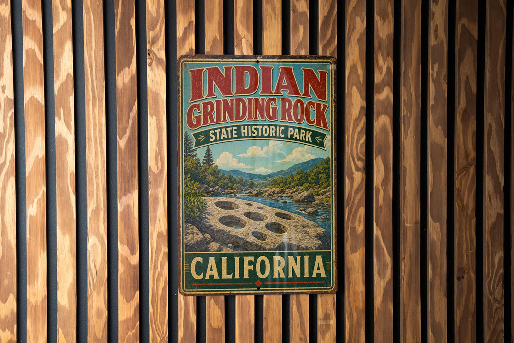 A vintage metal sign for Indian Grinding Rock State Historic Park in California, featuring a scenic landscape with mountains and a river.