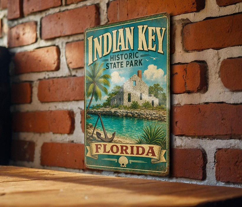 A vintage-style metal sign for Indian Key Historic State Park in Florida, featuring a tropical beach scene with palm trees and a small building.