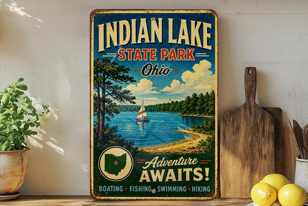 A vintage-style sign for Indian Lake State Park in Ohio, featuring a scenic illustration of the lake and surrounding landscape.