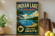 A vintage-style sign for Indian Lake State Park in Ohio, featuring a scenic illustration of the lake and surrounding landscape.