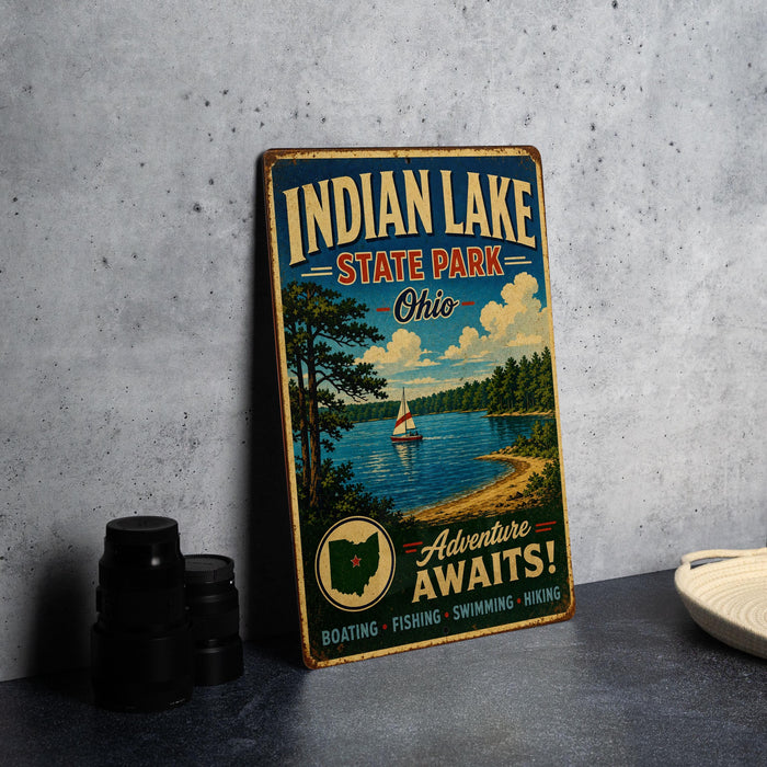 A vintage-style metal sign for Indian Lake State Park in Ohio, featuring a scenic illustration of a lake, trees, and a sailboat.