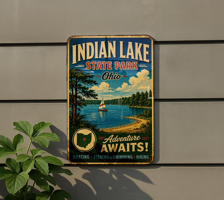 A vintage-style metal sign for Indian Lake State Park in Ohio, featuring a scenic illustration of a lake, trees, and a sailboat.