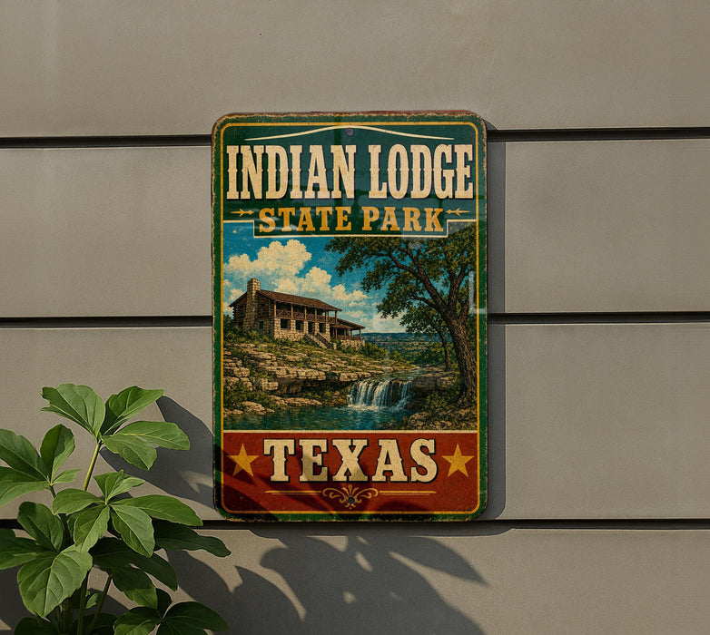A vintage-style sign for Indian Lodge State Park in Texas, featuring a scenic illustration of a lodge and a waterfall.