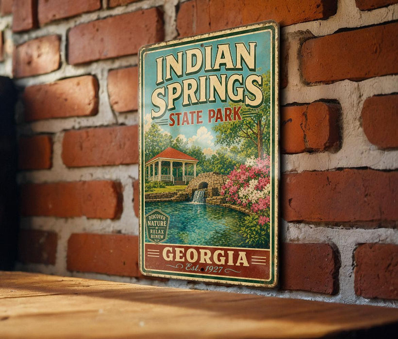 A vintage-style metal sign for Indian Springs State Park in Georgia, featuring a scenic illustration of a pond and a gazebo.