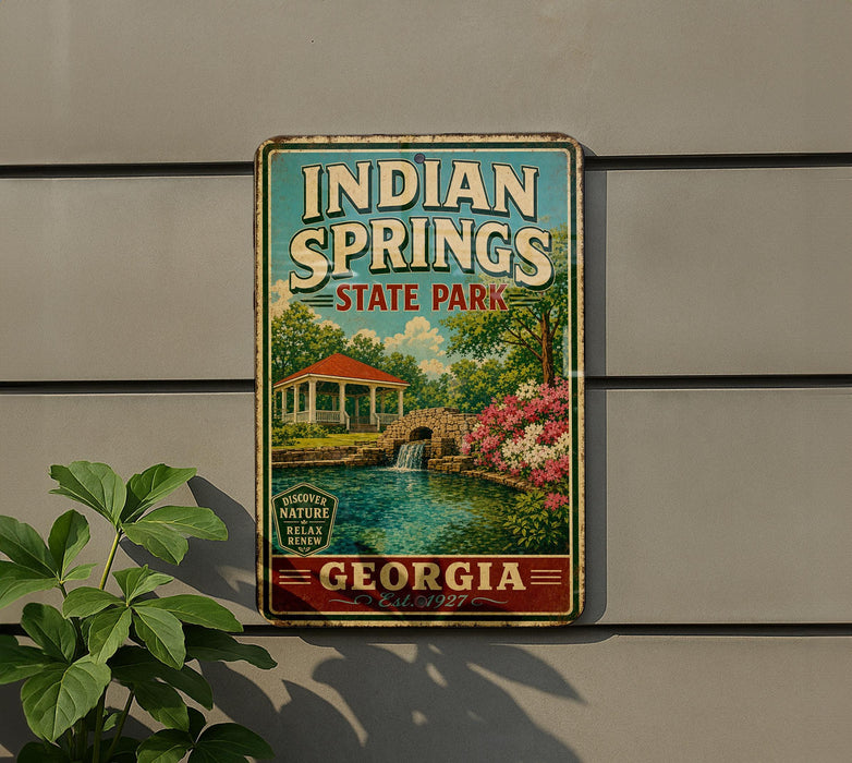 A vintage metal sign for Indian Springs State Park in Georgia, featuring a scenic illustration of a pond, a gazebo, and a bridge.