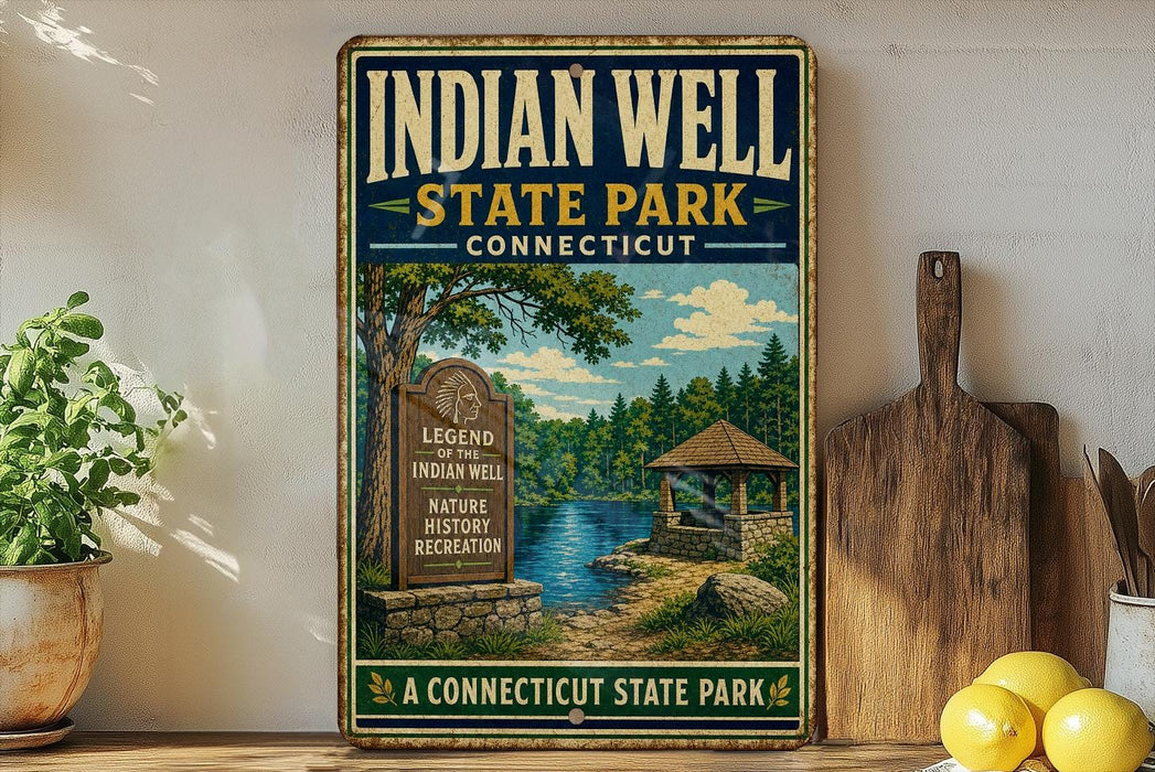 A vintage-style sign for Indian Well State Park in Connecticut, featuring a scenic illustration of a lake, trees, and a gazebo.