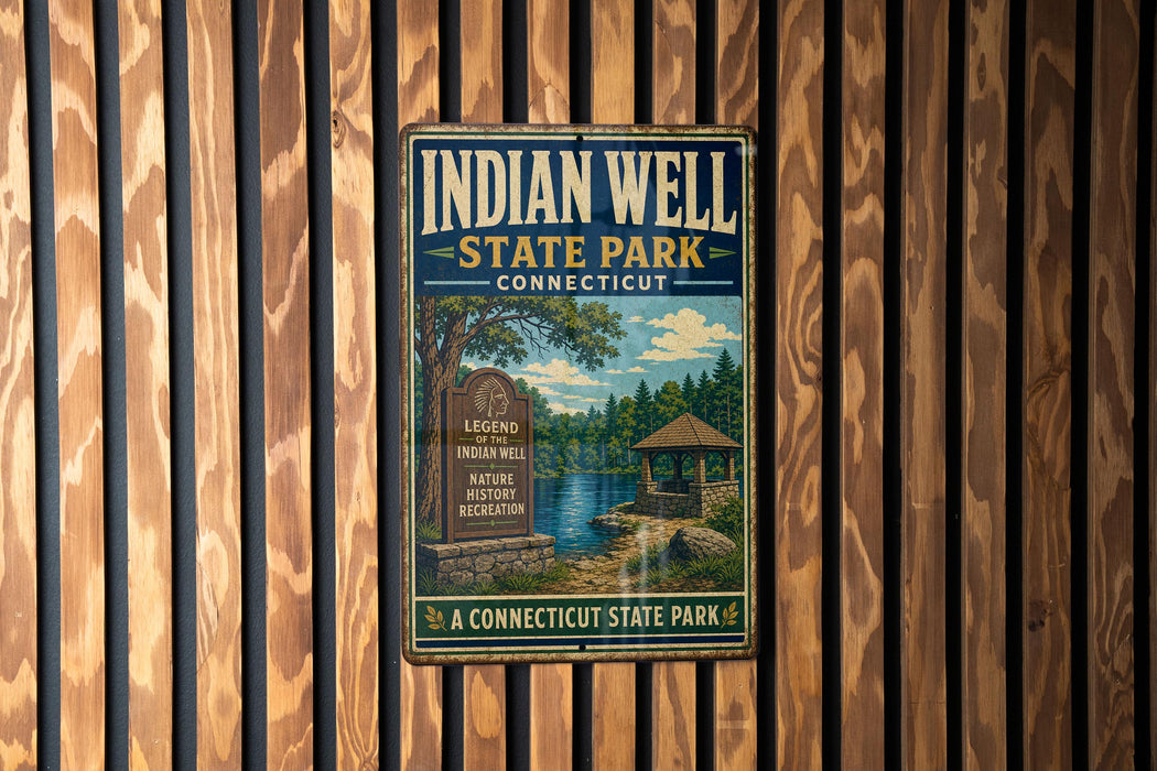 A vintage metal sign for Indian Well State Park in Connecticut, featuring a scenic landscape with a lake, trees, and a gazebo.