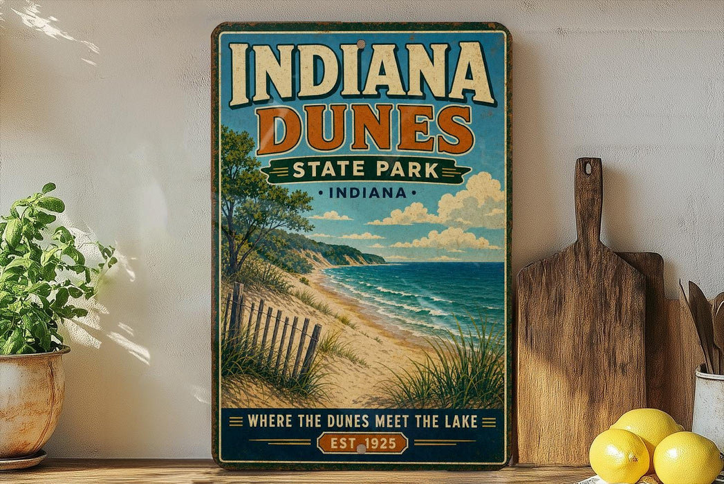 A vintage-style sign for Indiana Dunes State Park, featuring a beach scene with a lake in the background.
