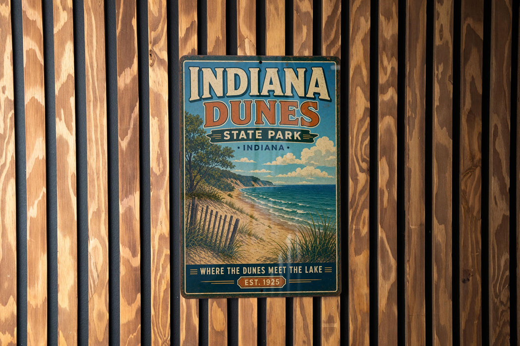 A vintage-style metal sign for Indiana Dunes State Park, featuring a beach scene with a lake and a cloudy sky.