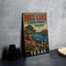 A vintage-style sign for Inks Lake State Park in Texas, featuring a scenic landscape with a lake, mountains, and desert vegetation.