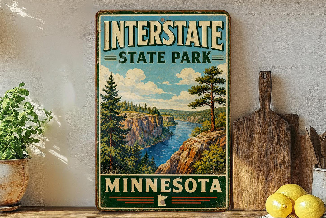 A vintage-style sign for Interstate State Park in Minnesota, featuring a scenic landscape with a river, pine trees, and mountains.