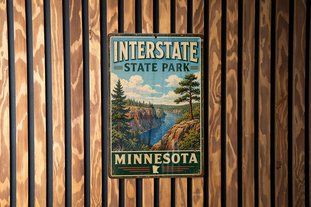 A vintage metal sign for Interstate State Park in Minnesota, featuring a scenic landscape with a river, mountains, and pine trees.