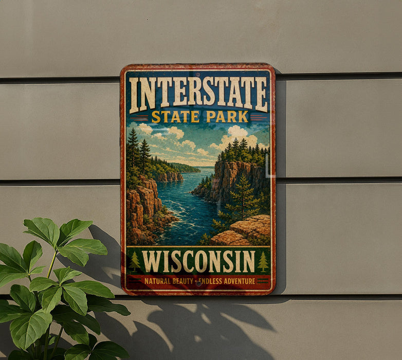 A vintage-style metal sign for Interstate State Park in Wisconsin, featuring a scenic landscape with a river and mountains.