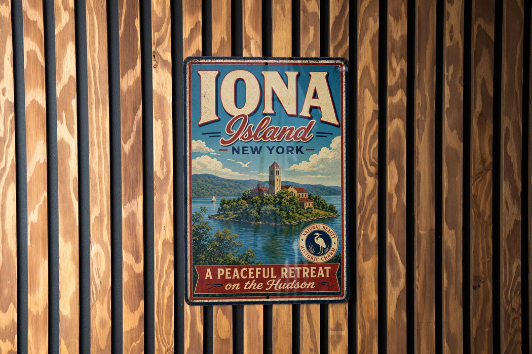 A vintage-style metal sign for Iona Island, New York, featuring a scenic image of the island and the Hudson River.