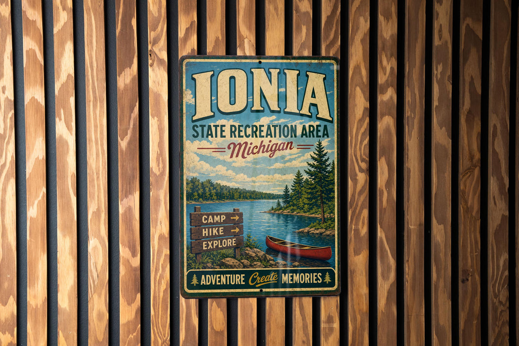 A vintage-style metal sign for the Ionia State Recreation Area in Michigan, featuring a scenic illustration of a lake, forest, and canoe.