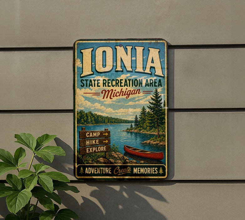 A vintage-style metal sign for the Ionia State Recreation Area in Michigan, featuring a scenic image of a lake, pine trees, and a red canoe.