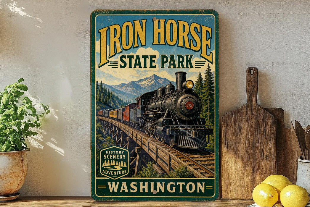 a vintage-style sign for Iron Horse State Park in Washington, with a train depicted on the sign. The sign is displayed on a wall, surrounded by various kitchen items such as a cutting board, a knife, and a bowl.