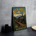 A vintage-style sign for Iron Horse State Park in Washington, featuring a train and mountainous scenery.