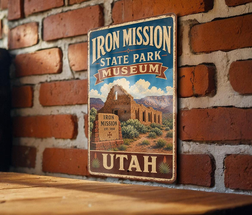 A vintage-style metal sign for Iron Mission State Park Museum in Utah, featuring an illustration of a historic building surrounded by desert vegetation.