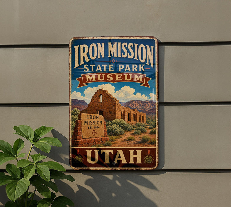 A vintage-style sign for the Iron Mission State Park Museum in Utah, featuring an illustration of the historic mission building and surrounding landscape.