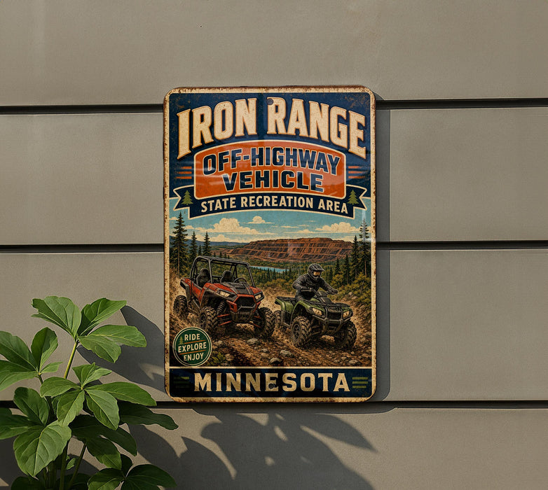 a vintage-style sign for Iron Range Off-Highway Vehicle State Recreation Area in Minnesota.
