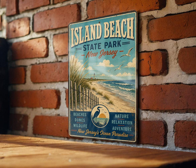 A vintage-style metal sign for Island Beach State Park in New Jersey, featuring a beach scene with a lighthouse and birds in the sky.