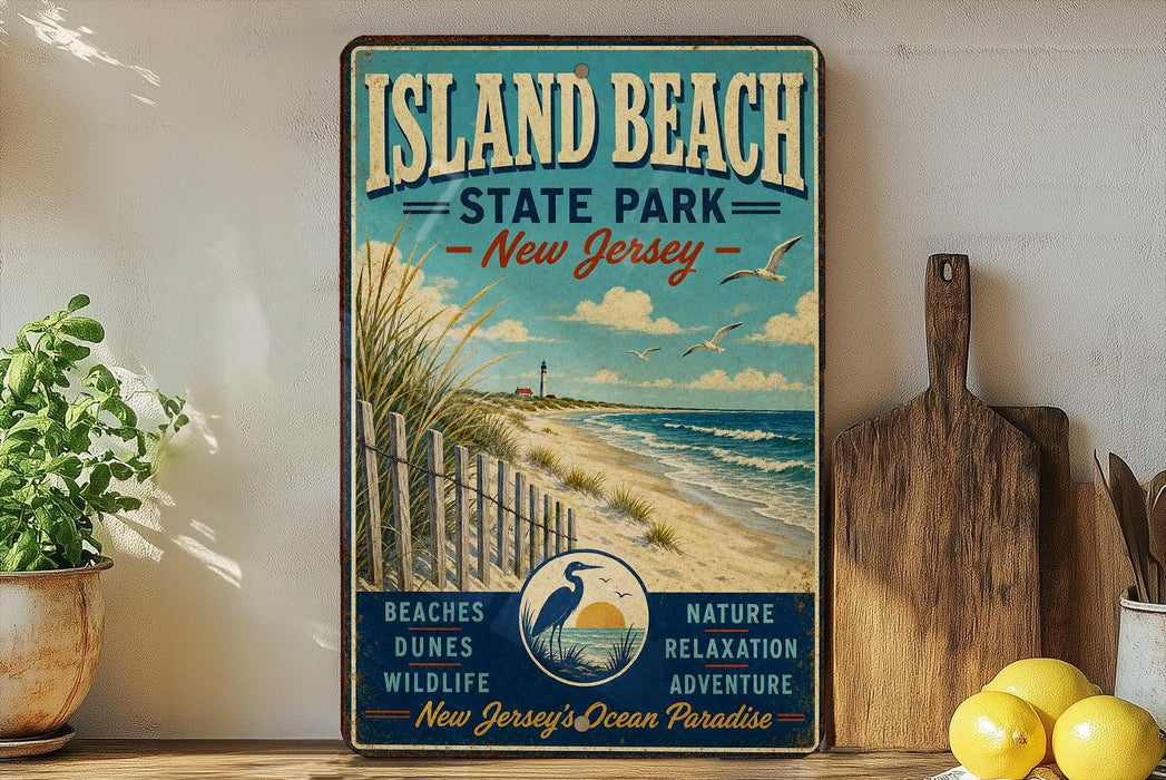 A vintage-style poster advertising Island Beach State Park in New Jersey, featuring a beach scene with a lighthouse and birds in flight.