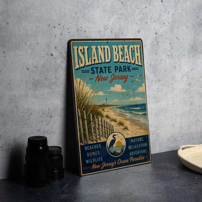 A vintage-style metal sign for Island Beach State Park in New Jersey, featuring a beach scene with a lighthouse and birds in the sky.