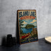 A vintage-style metal sign for the Island Lake Recreation Area in Michigan, featuring a canoe and a scenic landscape.