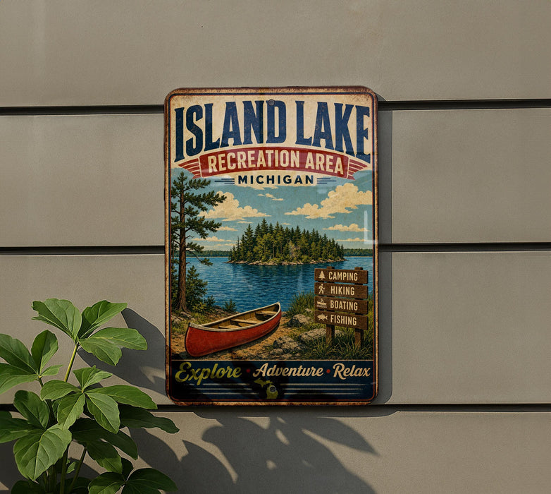 A vintage-style metal sign for the Island Lake Recreation Area in Michigan, featuring a canoe and a scenic landscape.