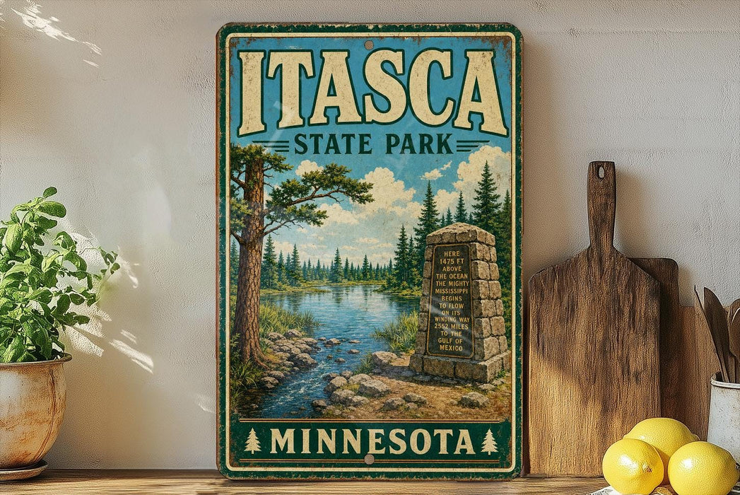 A vintage-style sign for Itasca State Park in Minnesota, featuring a scenic landscape with a river, pine trees, and a monument.