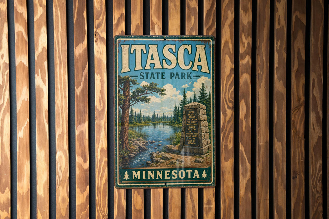 A vintage metal sign for Itasca State Park in Minnesota, featuring a scenic landscape with a river, pine trees, and a monument.