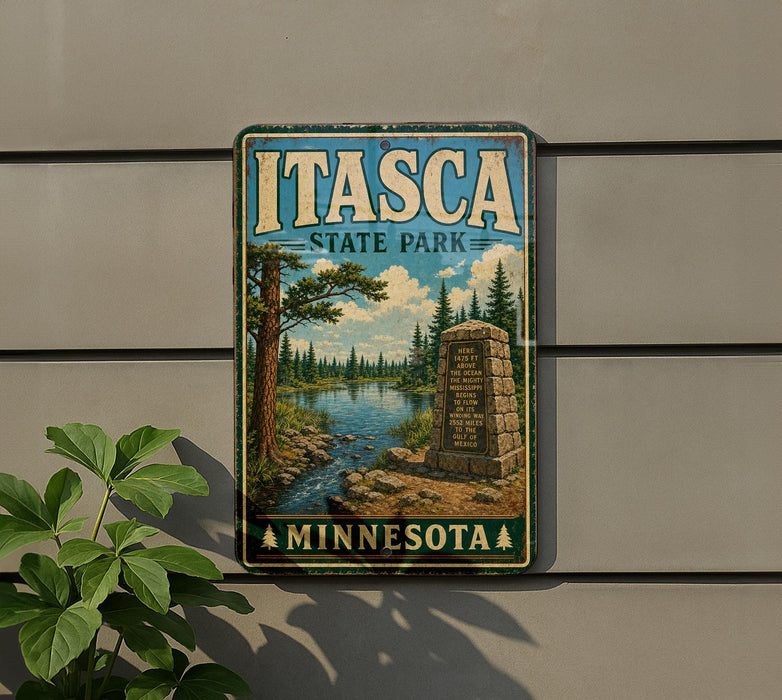 A vintage-style metal sign for Itasca State Park in Minnesota, featuring a scenic landscape with a river, trees, and a monument.