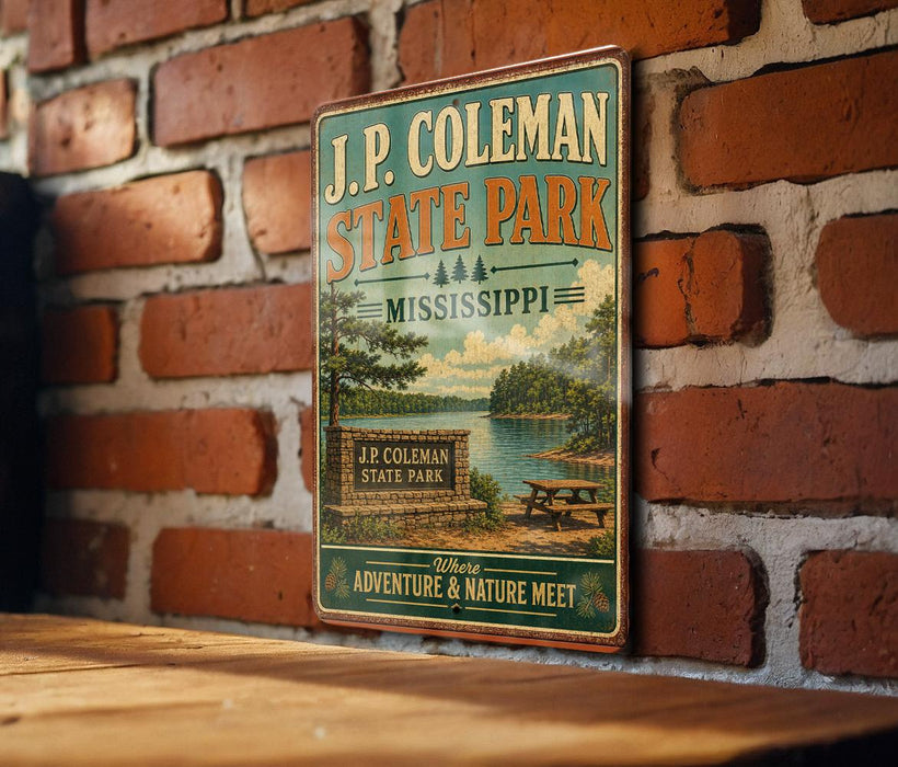 A vintage-style metal sign for J.P. Coleman State Park in Mississippi, featuring a scenic illustration of the park and its surroundings.