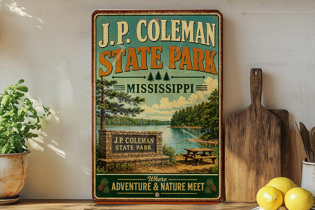 A vintage-style metal sign for J.P. Coleman State Park in Mississippi, featuring a scenic illustration of the park and its surroundings.