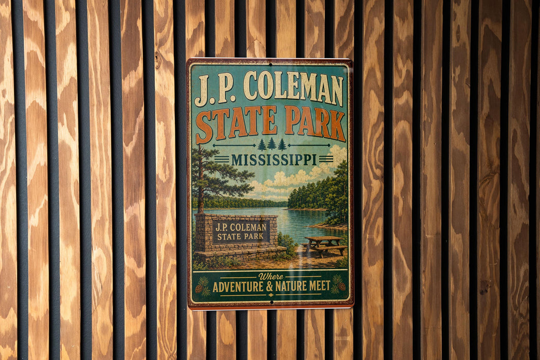 A vintage-style metal sign for J.P. Coleman State Park in Mississippi, featuring a scenic landscape with a lake and forest.