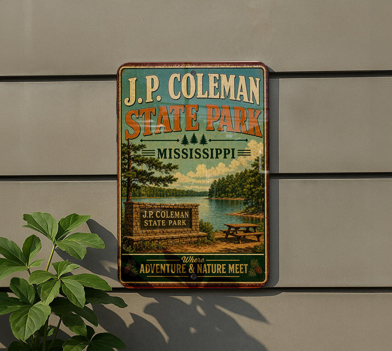 A vintage-style sign for J.P. Coleman State Park in Mississippi, featuring a scenic landscape with a lake, trees, and picnic tables.