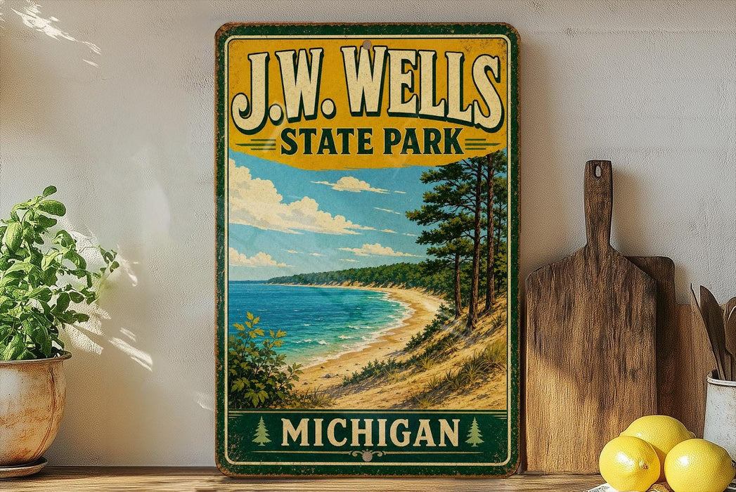 A vintage-style sign for J.W. Wells State Park in Michigan, featuring a scenic beach landscape with pine trees and a blue sky.