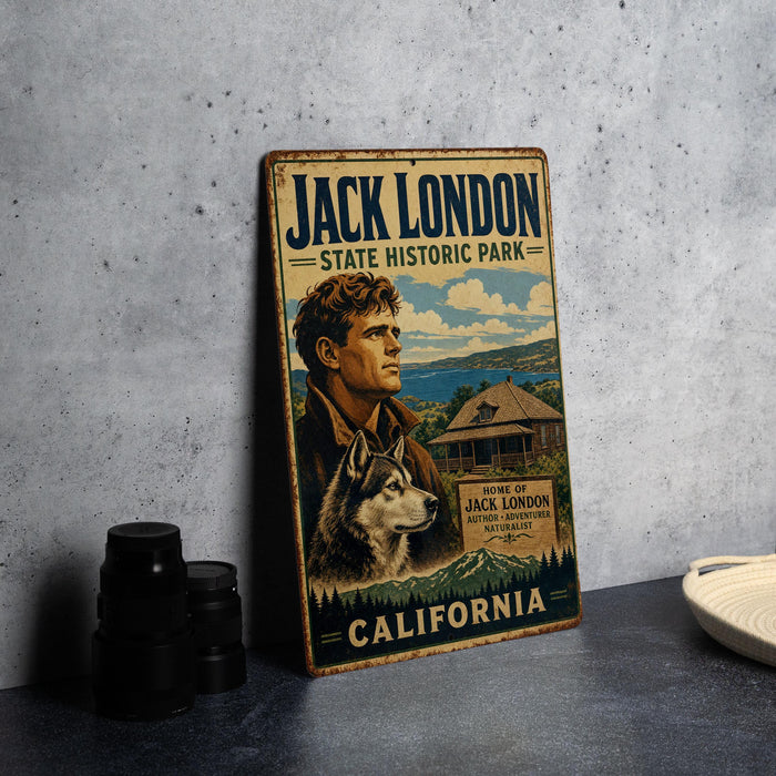 A vintage-style metal sign for Jack London State Historic Park in California, featuring an illustration of a man and a dog.