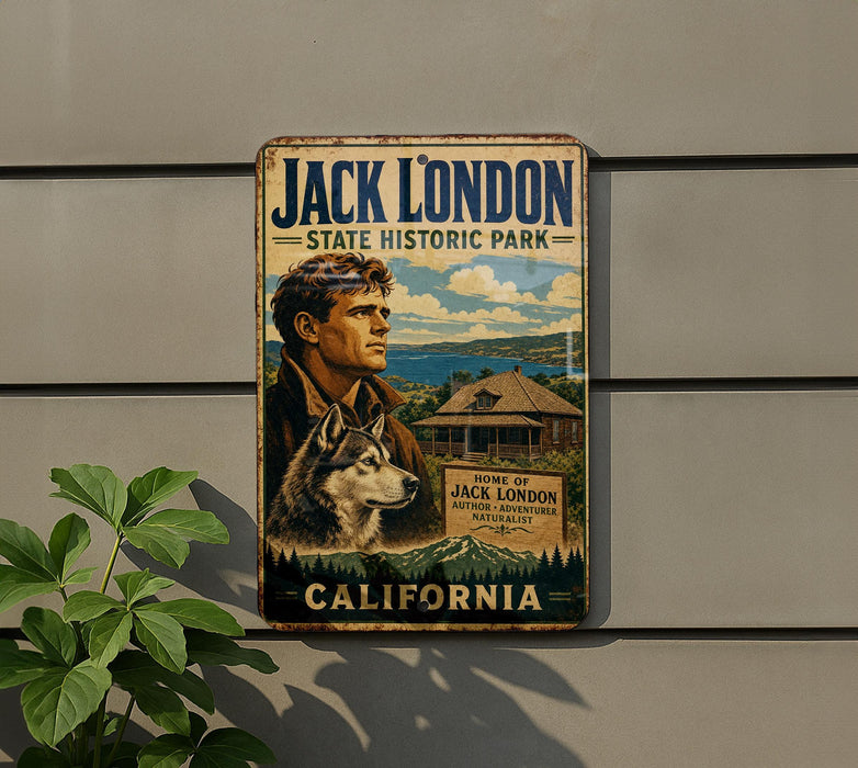 A vintage-style sign for Jack London's State Historic Park in California, featuring a portrait of a man and a dog.