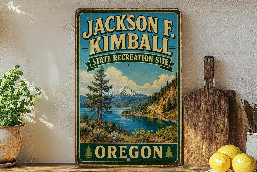 A vintage-style sign for the Jackson F. Kimball State Recreation Site in Oregon, featuring a scenic landscape with a mountain, lake, and pine trees.