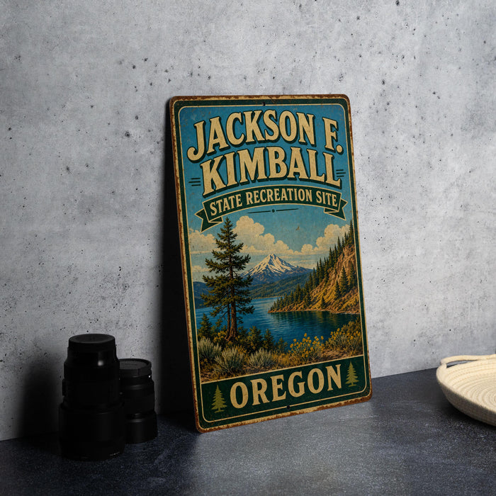 A vintage-style metal sign for the Jackson E. Kimball State Recreation Site in Oregon, featuring a scenic landscape with a mountain, lake, and pine trees.