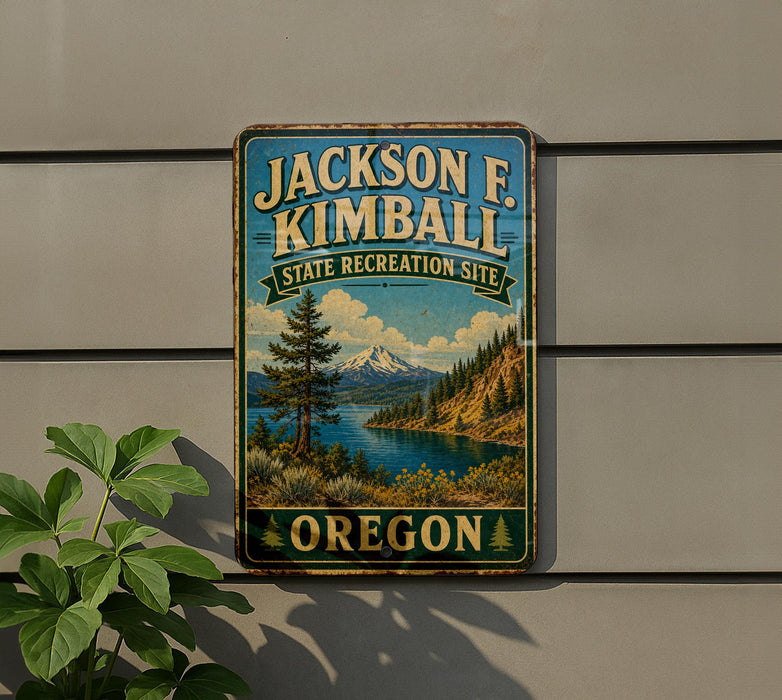 A vintage-style metal sign for the Jackson F. Kimball State Recreation Site in Oregon, featuring a scenic landscape with a mountain, lake, and pine trees.